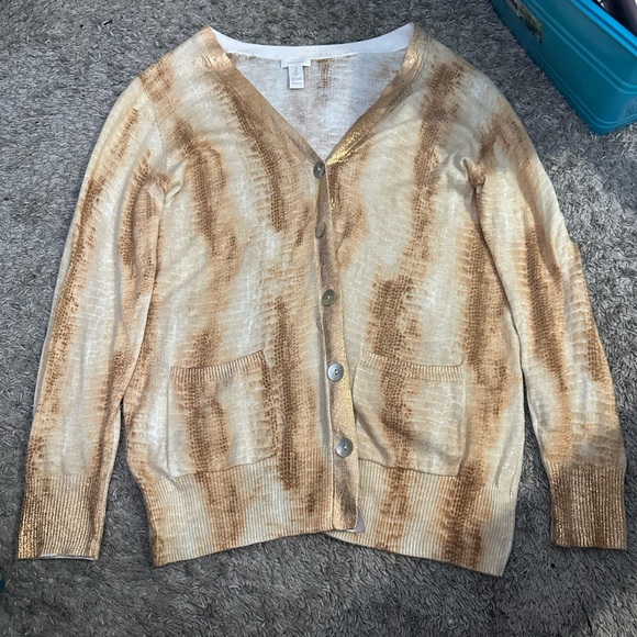 Womens Chico’s Cardigan V-Neck Sweater Button Up Gold/Tan/White Size 2 - Picture 10 of 12